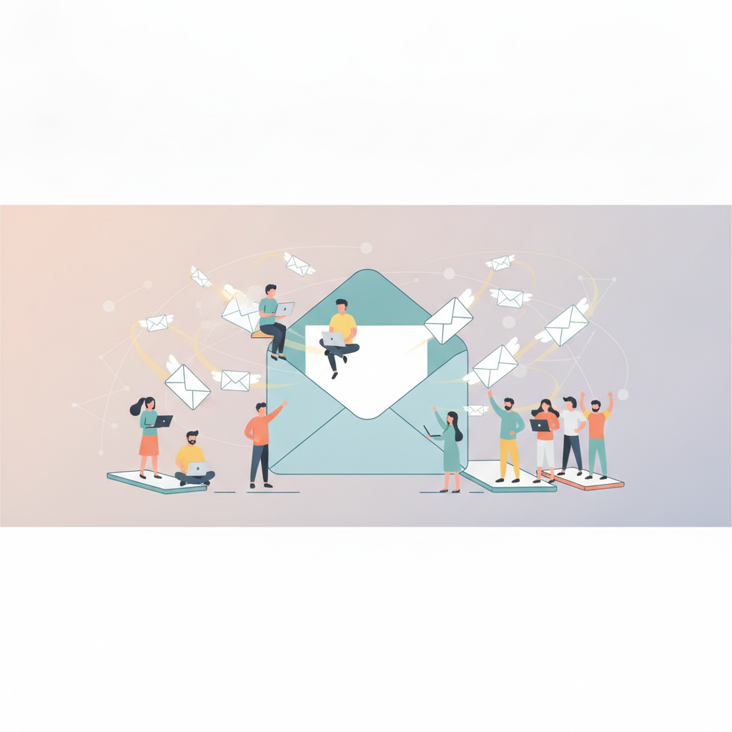 رسم توضيحي مسطح يظهر مظروف بريد إلكتروني كبير، وأيقونات صغيرة لرسائل بريدية تتطاير حوله، وشخصيات صغيرة تعمل على أجهزة كمبيوتر محمولة وذكية، ترمز إلى فعالية التسويق من خلال البريد الإلكتروني في الوصول