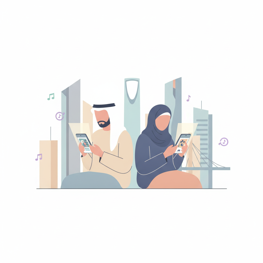 شاب وفتاة سعوديان يستخدمان هواتفهما لمشاهدة إعلانات تيك توك في السعودية، مع خلفية تعكس معالم سعودية حديثة وأيقونات تيك توك.