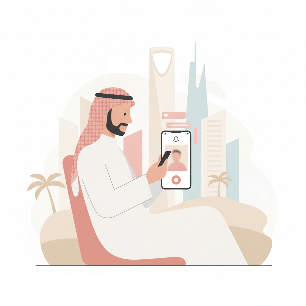 شاب سعودي يستخدم هاتفًا ذكيًا لتصفح إعلانات سناب شات في السعودية، مع خلفية تظهر معالم سعودية حديثة، مما يعكس التفاعل الرقمي في المملكة.